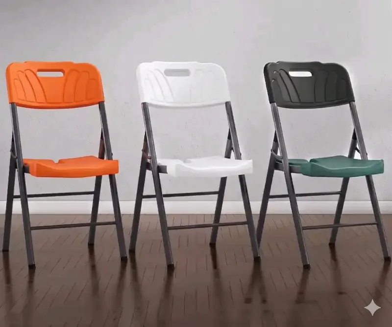 Foldable plastic chairs in orange, white and green