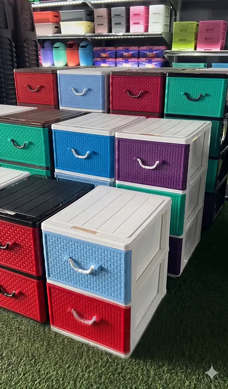 Colourful plastic drawer units in multiple colours