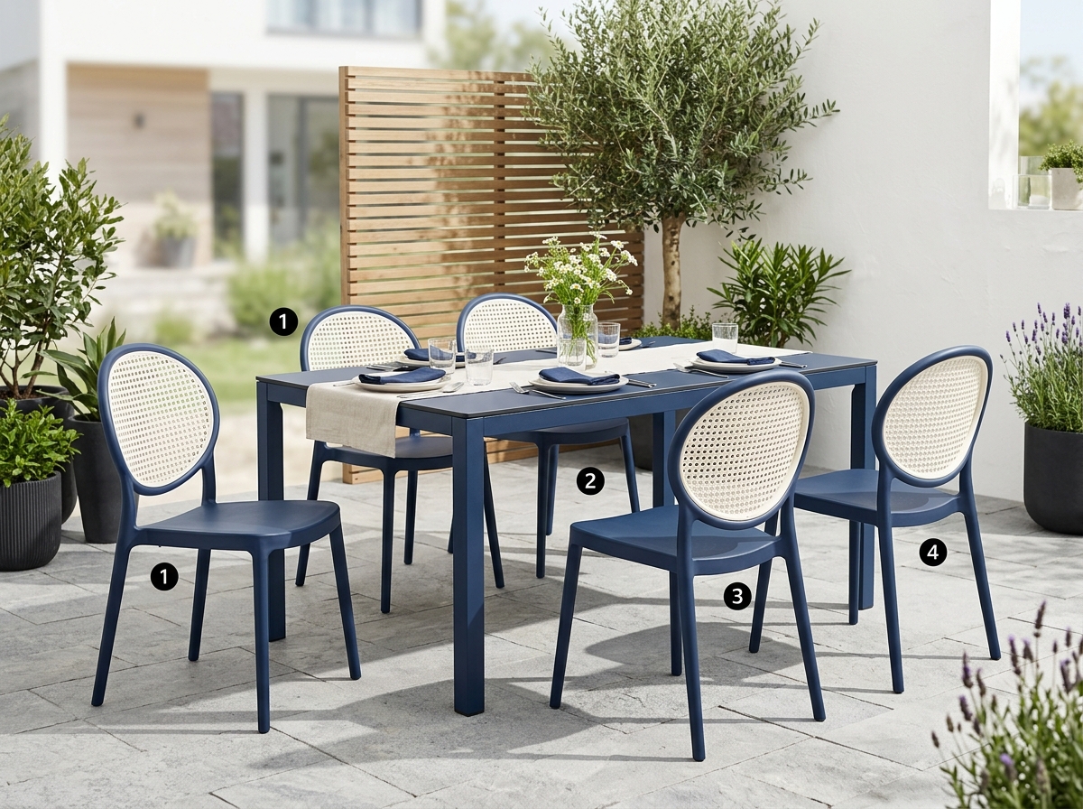 Modern Rattan outdoor dining set with 4 round-back chairs and table