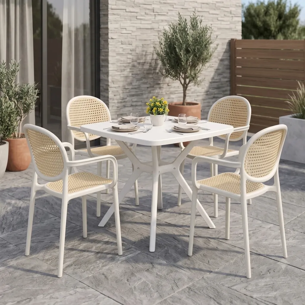 Modern Rattan outdoor dining set with 4 round-back chairs and table